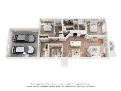A 3D floor plan of a house with a kitchen, living room, and two bedrooms.